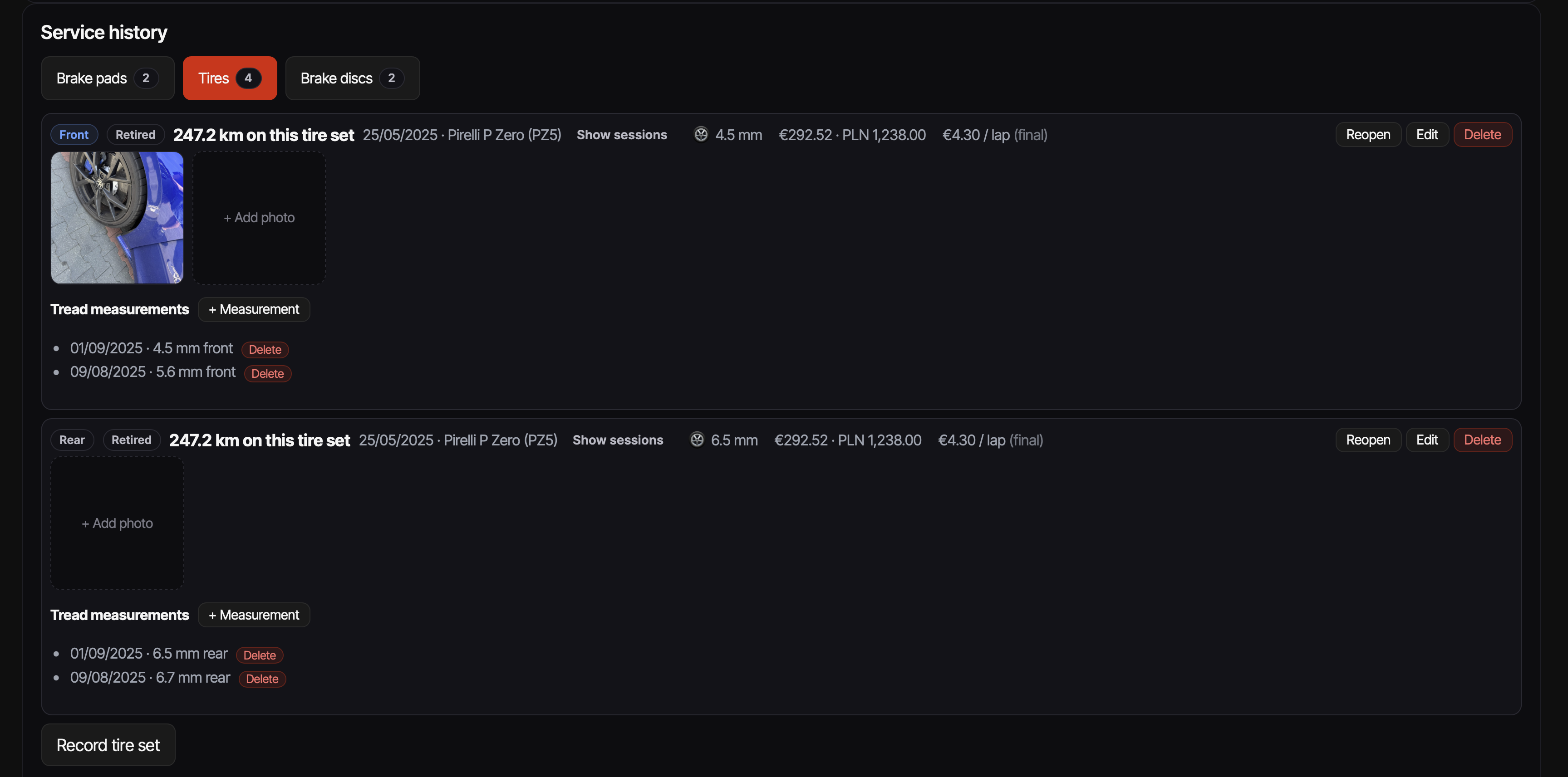 ApexLog service history showing a retired Pirelli P Zero (PZ5) tire set, front and rear, each with its purchase cost and a final cost-per-lap figure of €4.30