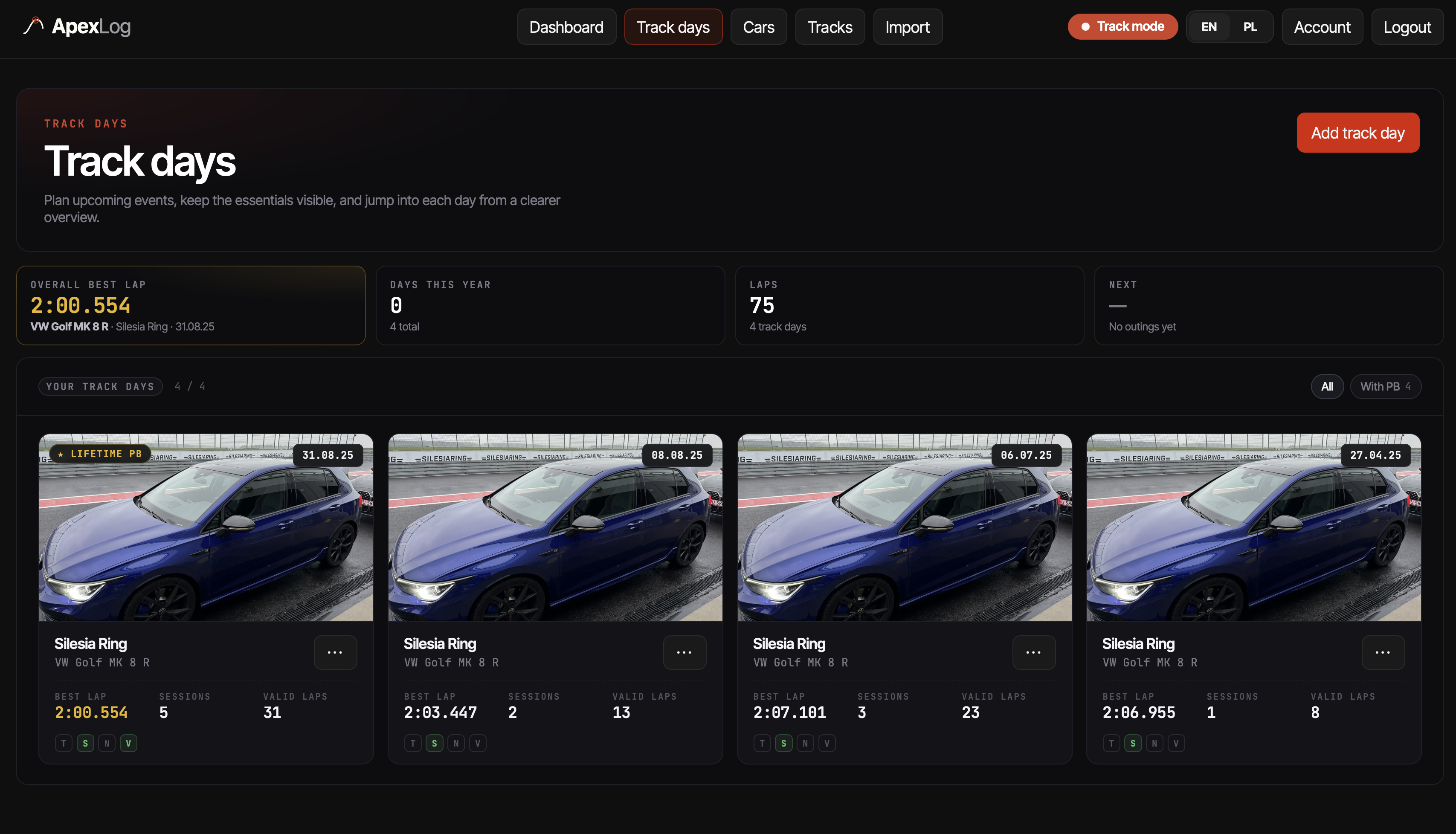 ApexLog Track days view: season summary (overall best lap, days this year, total laps) above a list of four track day cards showing circuit, car, best lap, sessions and valid laps per day