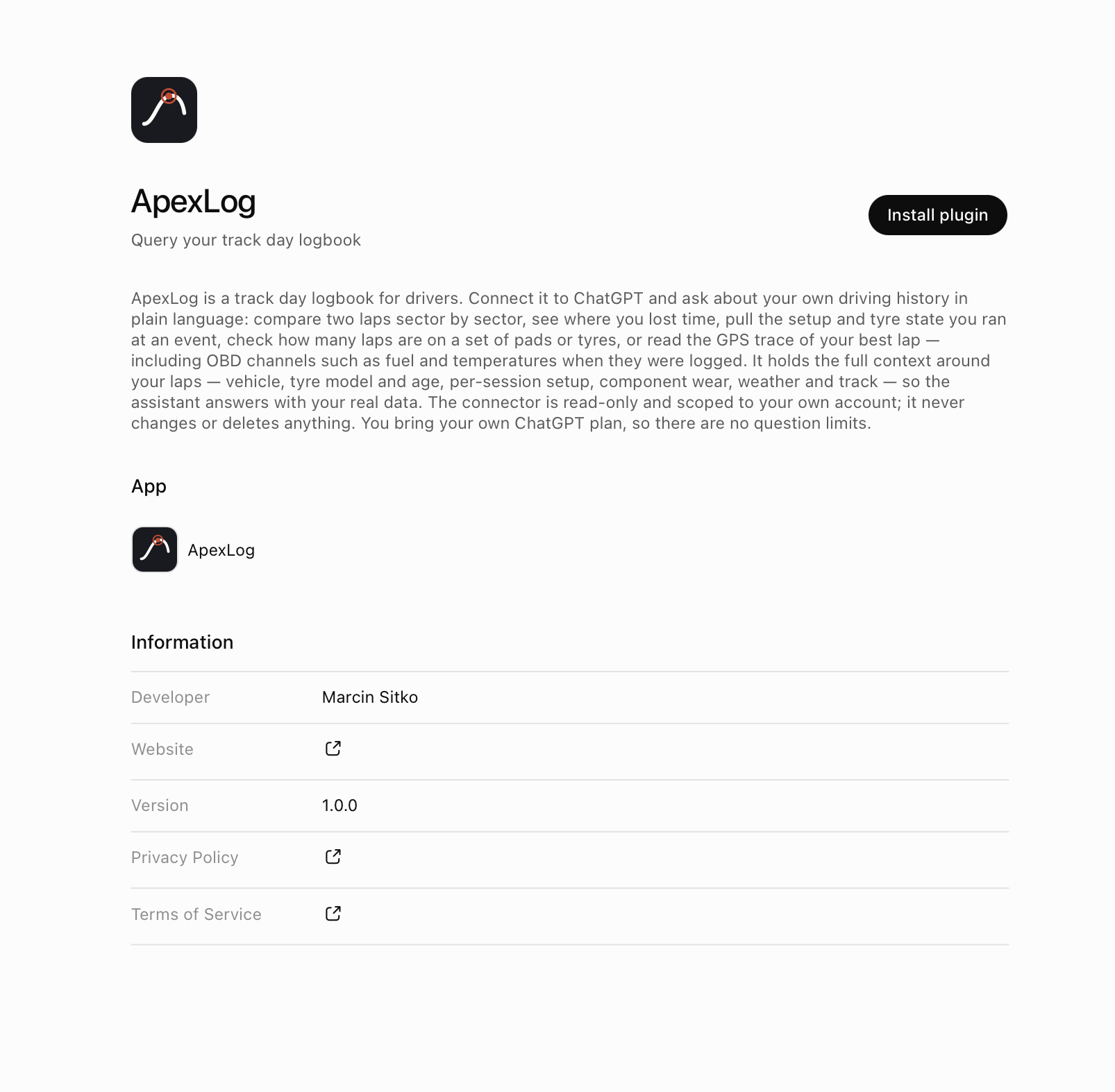 ApexLog listing in the ChatGPT Plugin Directory with the Install plugin button, version 1.0.0 and links to the privacy policy and terms of service.