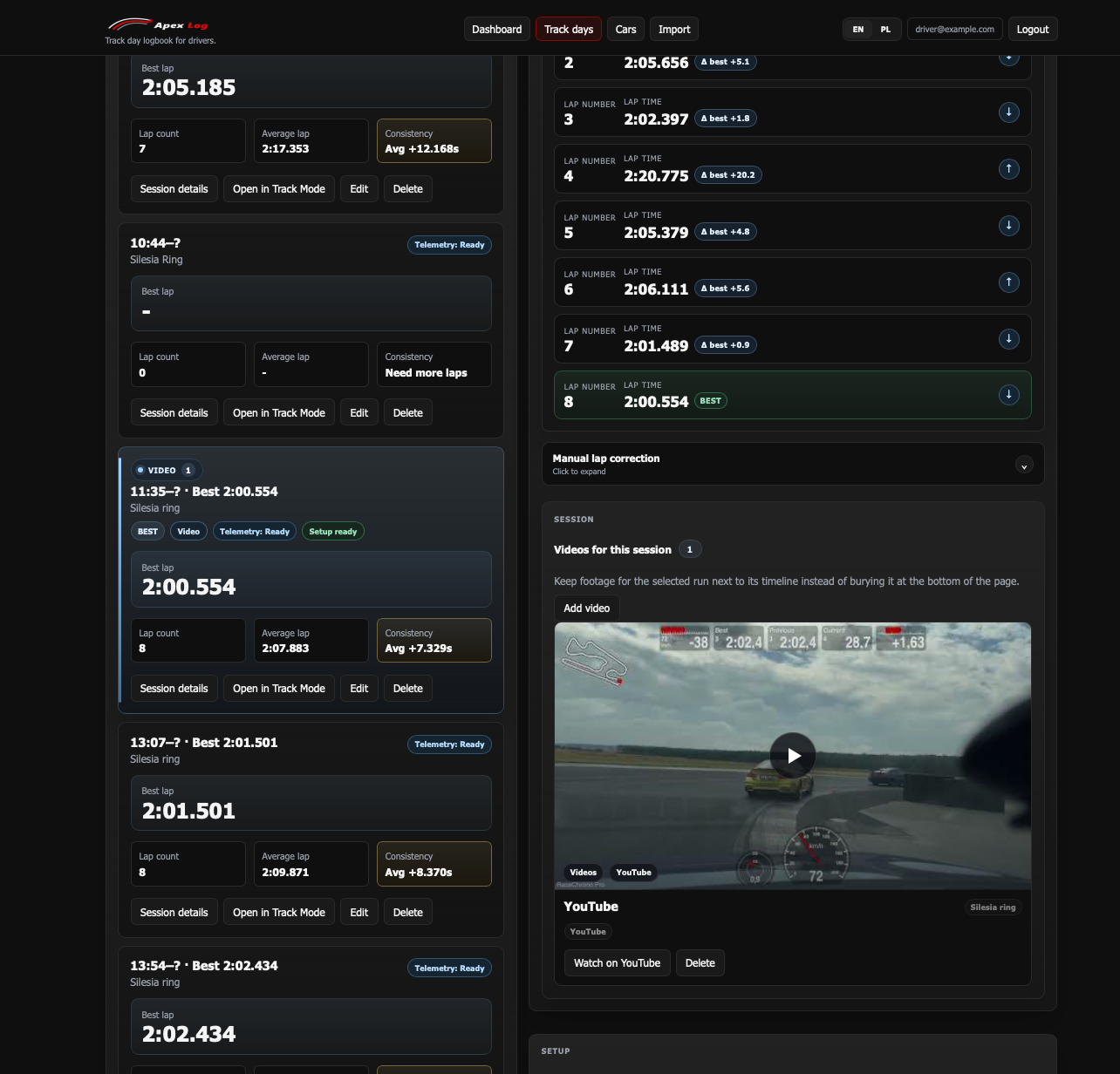 ApexLog track day review screen