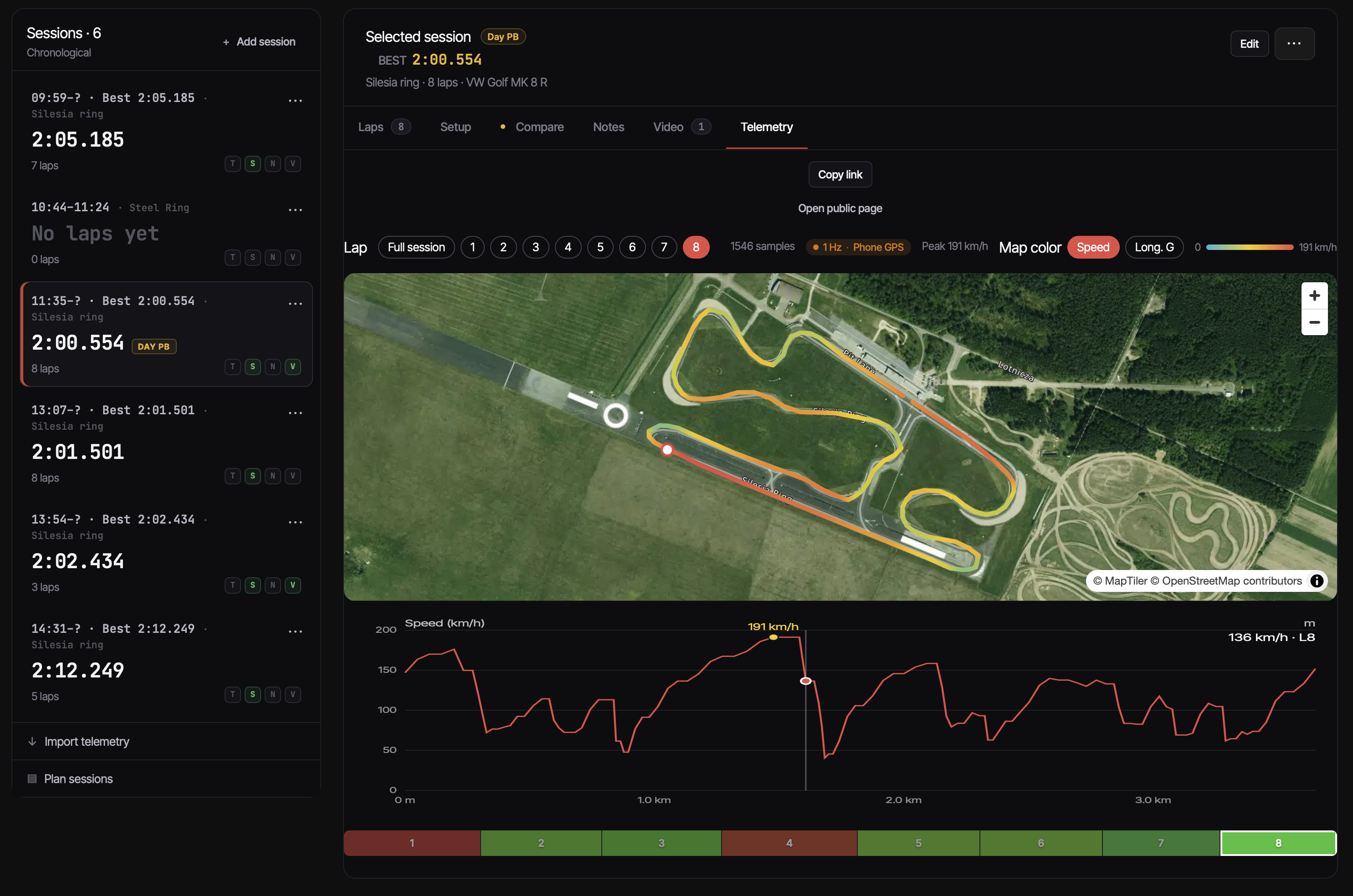 ApexLog session page with the Telemetria tab open — racing line on a satellite map coloured by longitudinal G, a speed trace peaking at 144 km/h and a longitudinal G trace below it, and a 7-lap strip colour-graded from fastest to slowest.